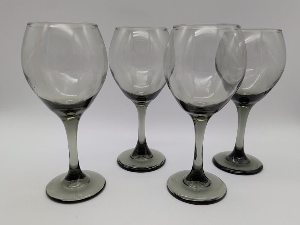 4 Vtg Libbey Smoke Gray Red Wine Glasses Goblets Balloon Smokey